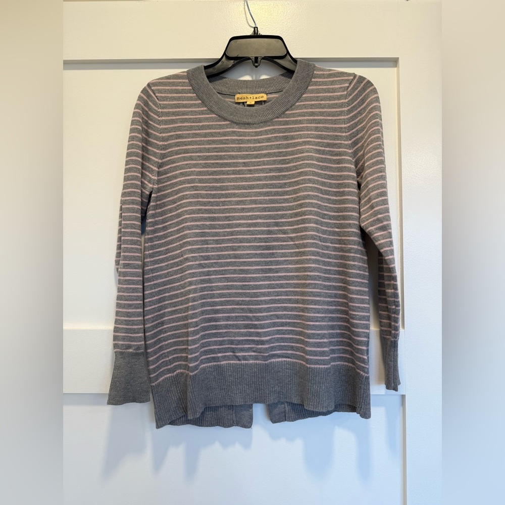 Striped Crew Neck Sweater in Gray and Pink